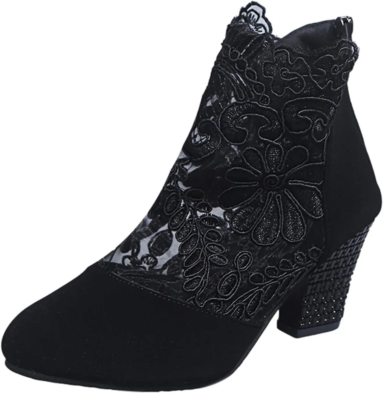 AMDBEL Chunky Heel Boots For Women Dressy Women's Boots Sexy Lace See-Through Boots Casual Breathable Ankle Boots with Heels