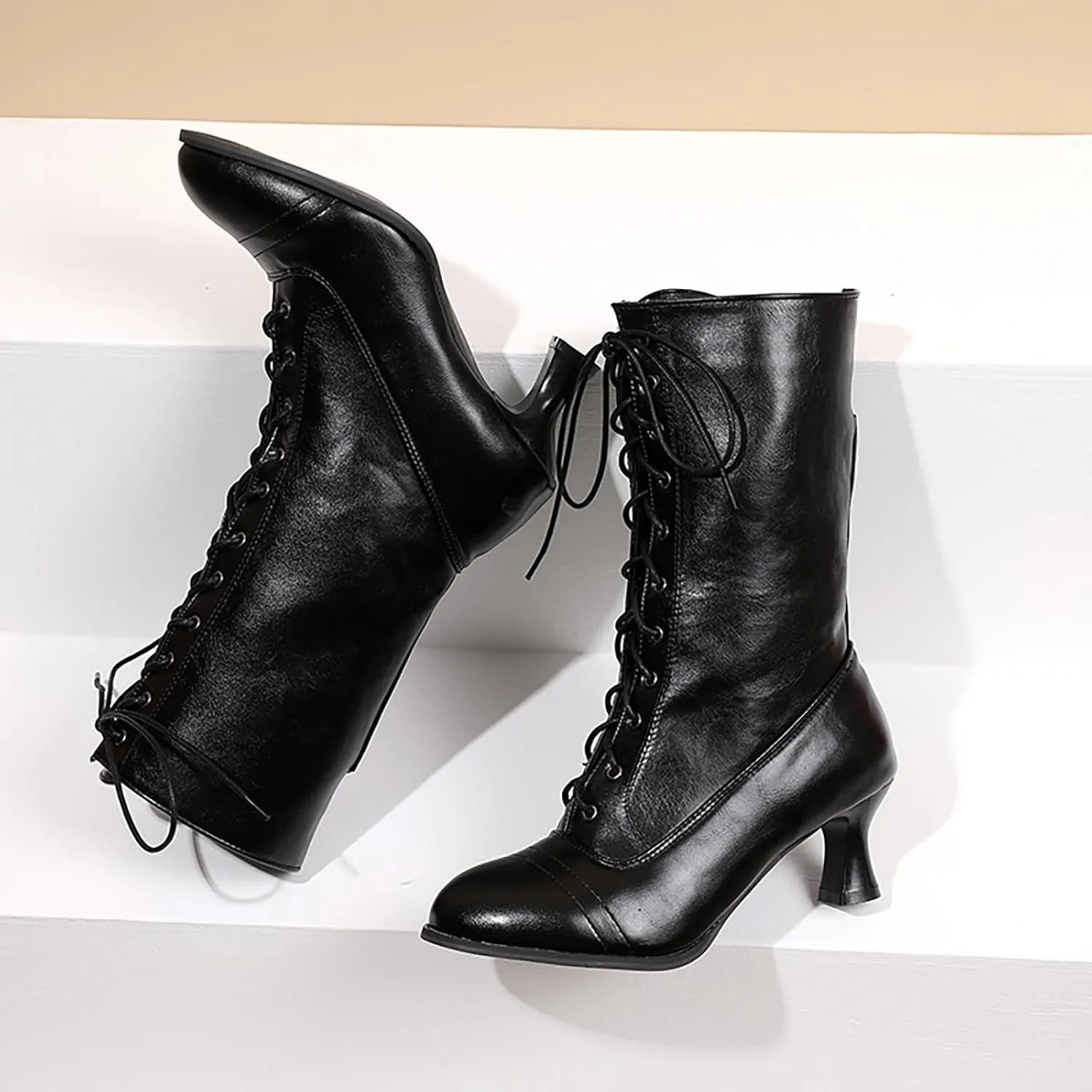 AMDBEL Renaissance Boots Women Wide Calf,Women Medieval Pirate Boots Flat Pull On Western Knight Boots Low Heel Tall Boots