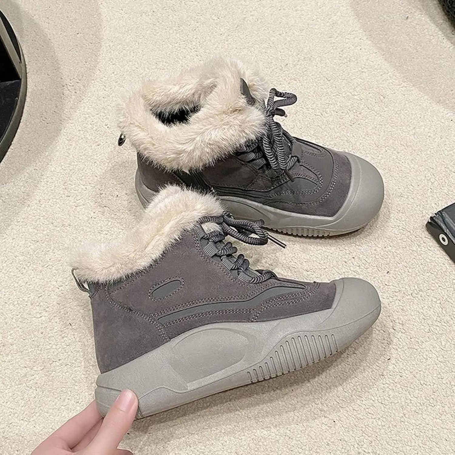 Ankle Boots for Women Comfy Fur Boots for Women Winter Padded Furry Flat Shoes Hundred Casual Lace Pp Warm Boots
