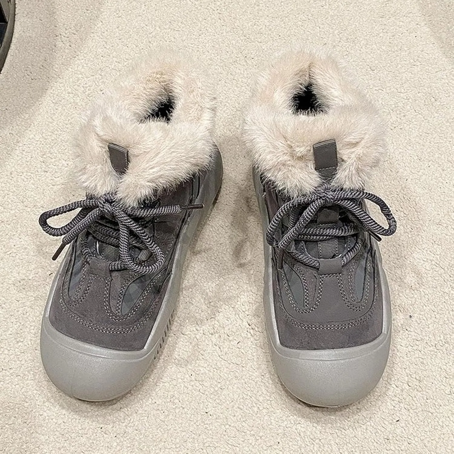 Ankle Boots for Women Comfy Fur Boots for Women Winter Padded Furry Flat Shoes Hundred Casual Lace Pp Warm Boots