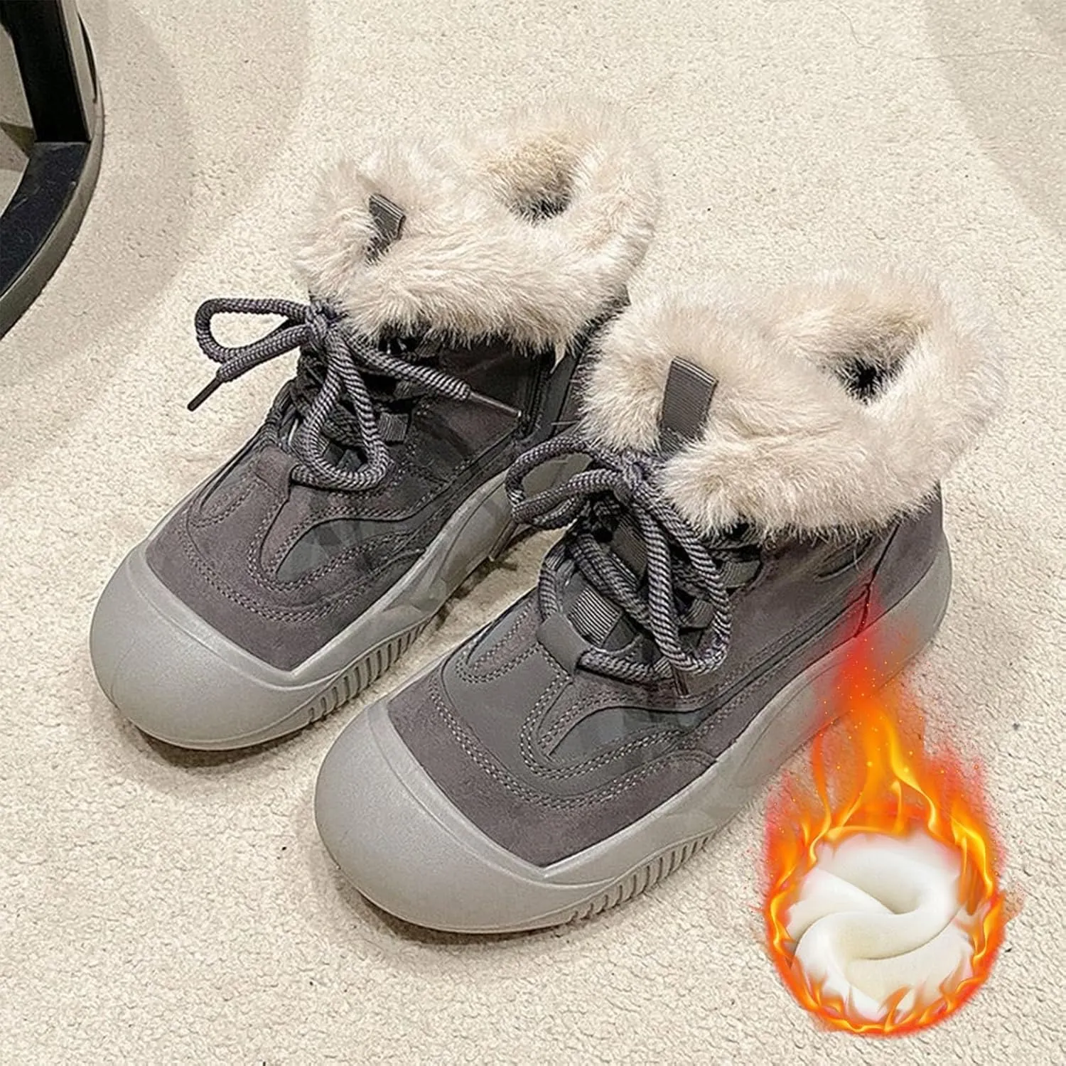 Ankle Boots for Women Comfy Fur Boots for Women Winter Padded Furry Flat Shoes Hundred Casual Lace Pp Warm Boots