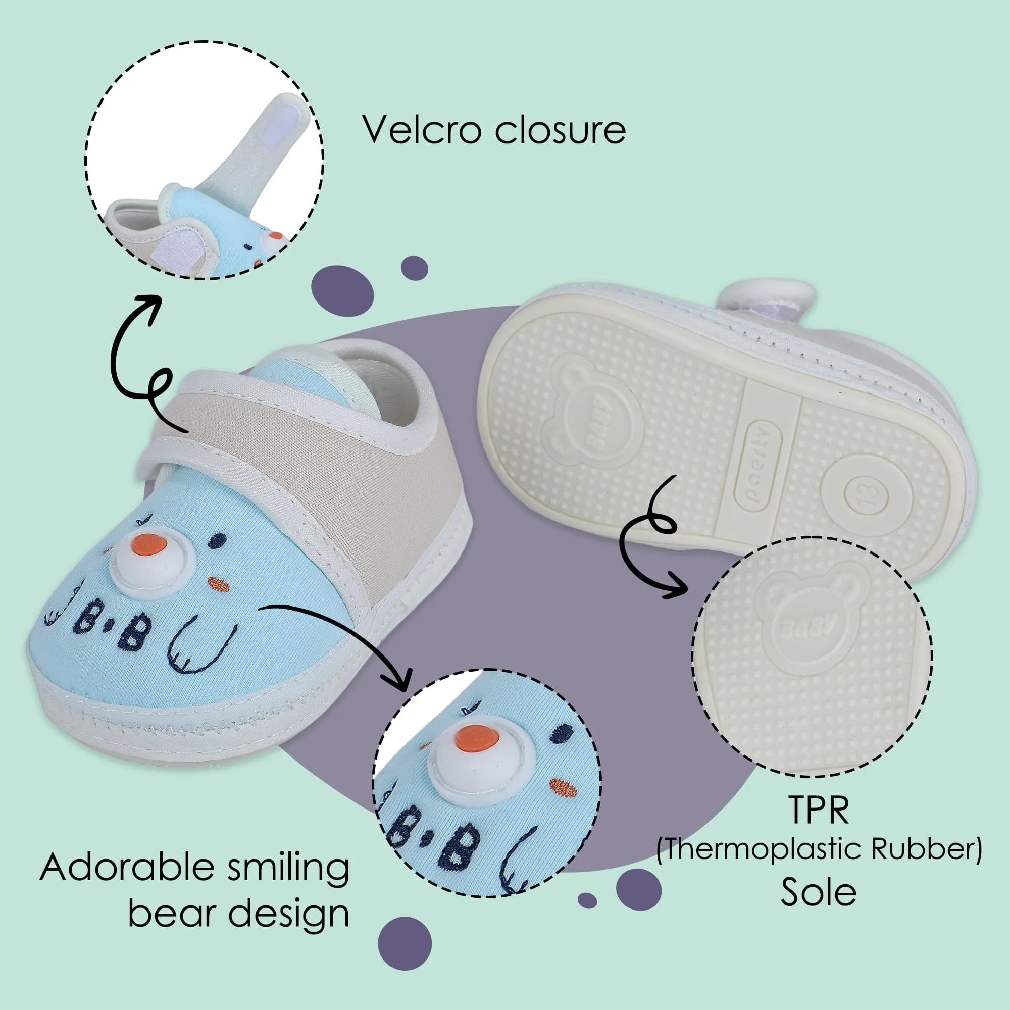 Baby Moo Smiling Bear Soft Sole Anti-Slip Booties - Blue