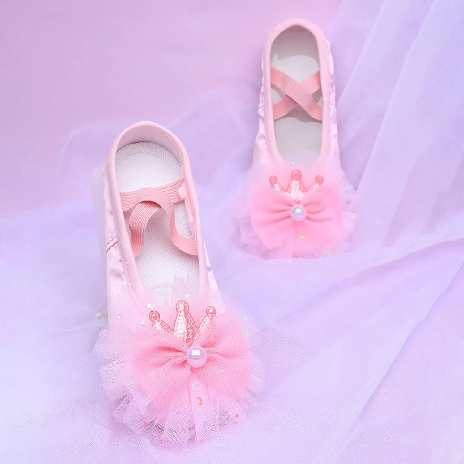 Ballet Shoes for Girls Cute Lace Mesh Bowknot Dance Slippers Toddler Kids Canvas Dancing Shoes with Elastic Straps