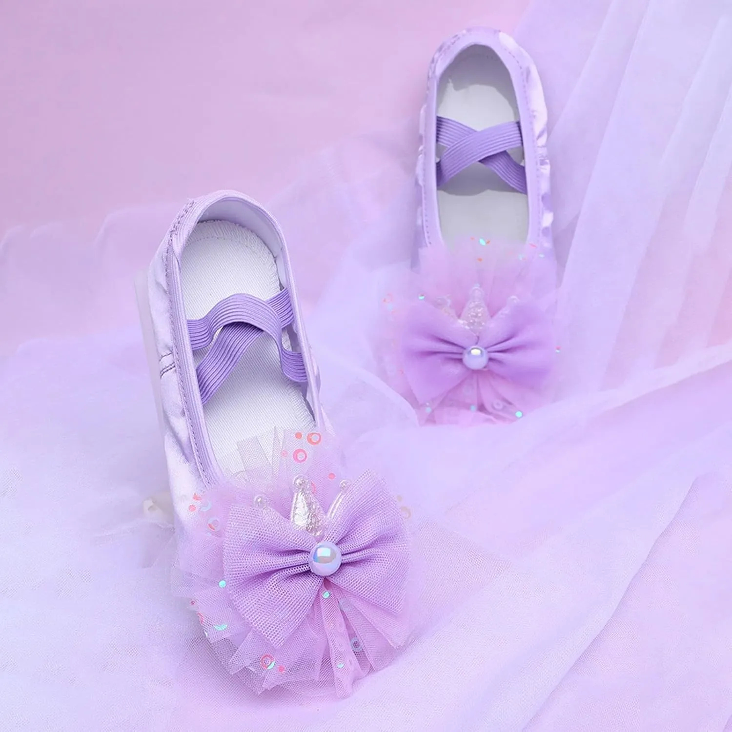 Ballet Shoes for Girls Cute Lace Mesh Bowknot Dance Slippers Toddler Kids Canvas Dancing Shoes with Elastic Straps