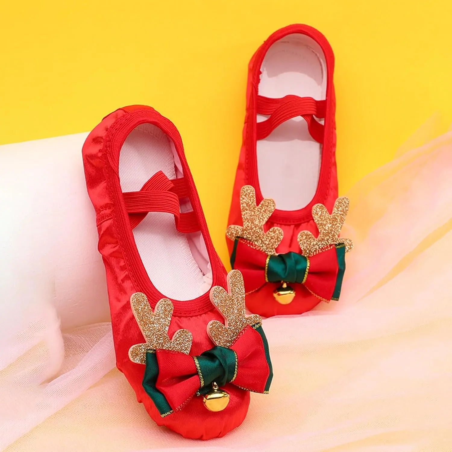 Ballet Shoes for Girls Cute Sequins Bow Dance Slippers Toddler Kids Christmas Bell Dancing Shoes with Elastic Straps