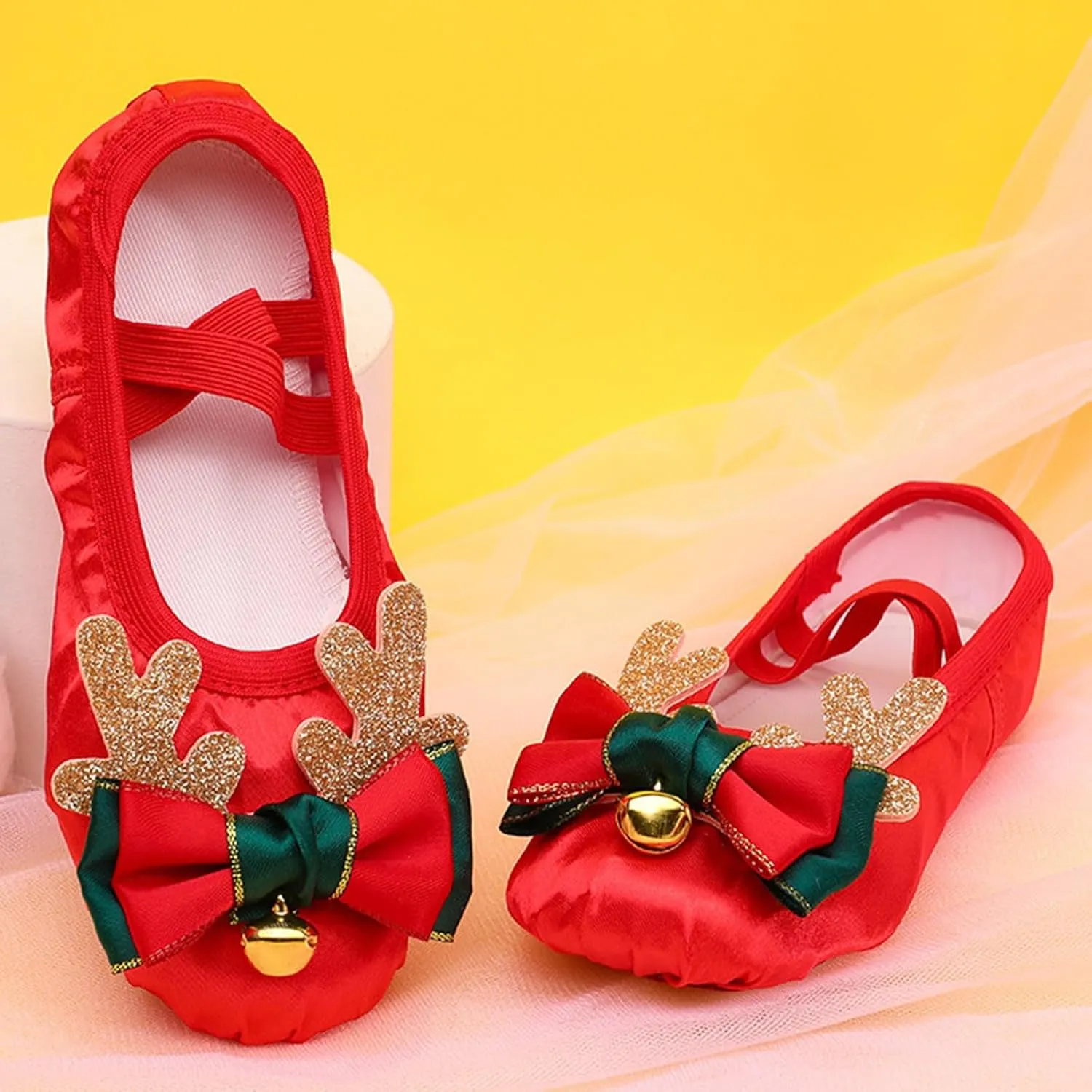 Ballet Shoes for Girls Cute Sequins Bow Dance Slippers Toddler Kids Christmas Bell Dancing Shoes with Elastic Straps