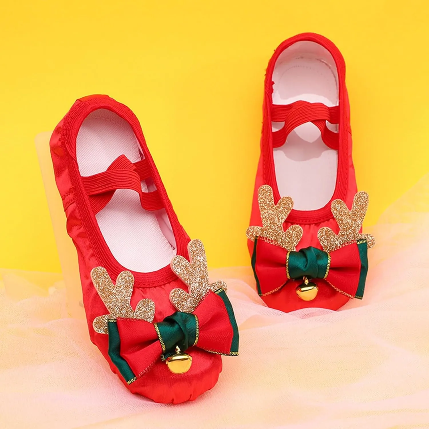 Ballet Shoes for Girls Cute Sequins Bow Dance Slippers Toddler Kids Christmas Bell Dancing Shoes with Elastic Straps