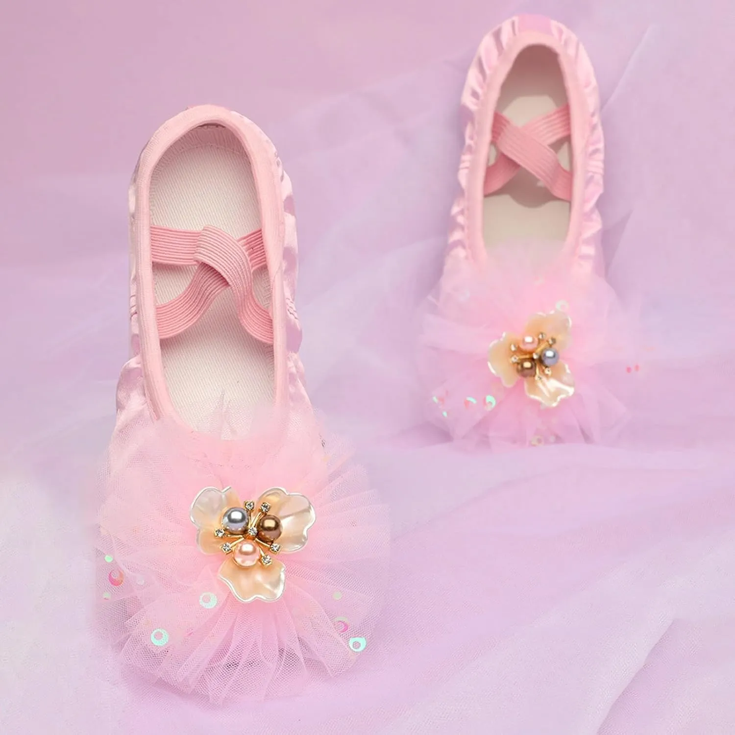 Ballet Shoes for Girls Elegant Rhinestone Ruffle Lace Dance Slippers Toddler Kids Elastic Straps Performance Shoes