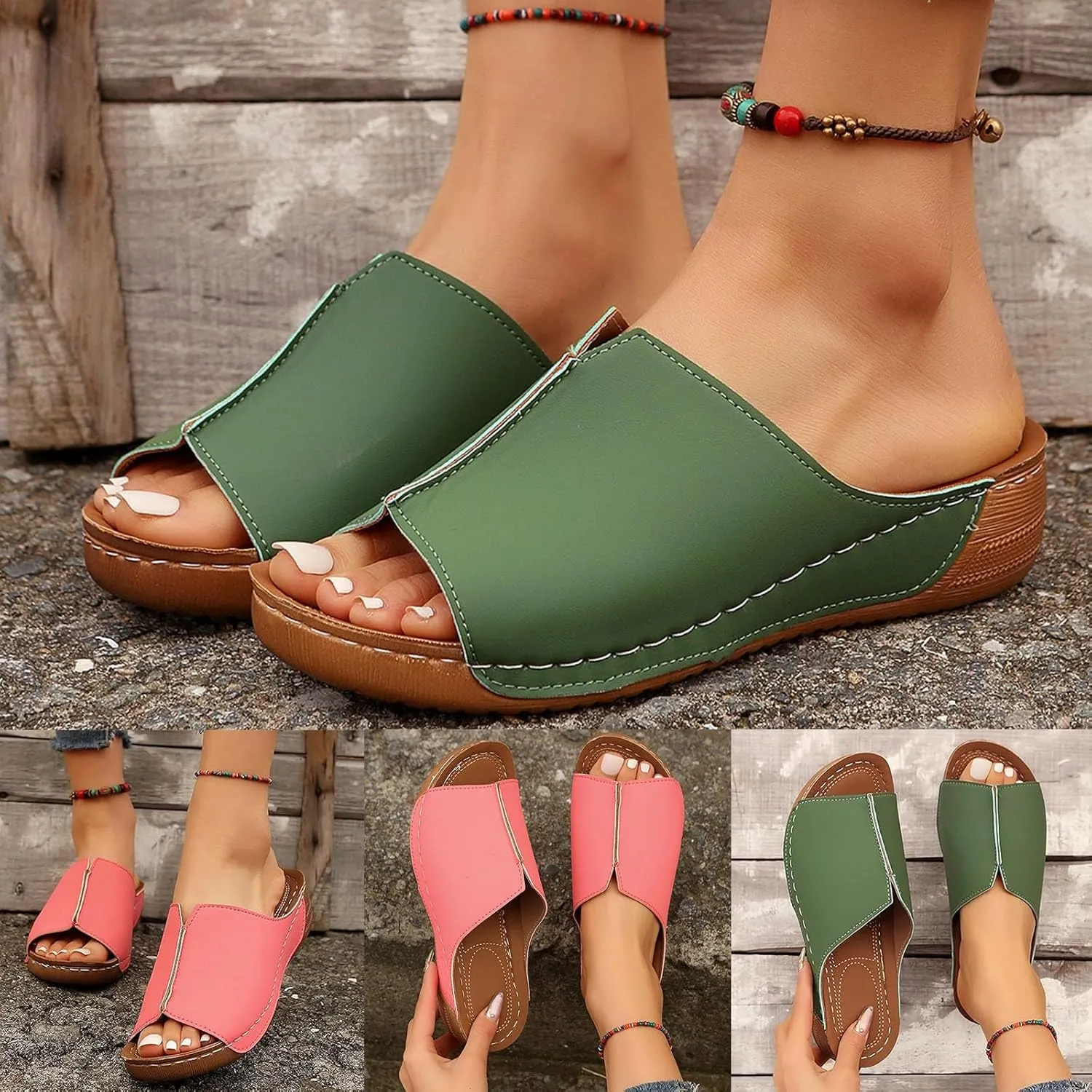 Beach Sandals Women Arch Support Flat Sandals Leather Platform Wedge Slide Slippers Walking Summer Shoes