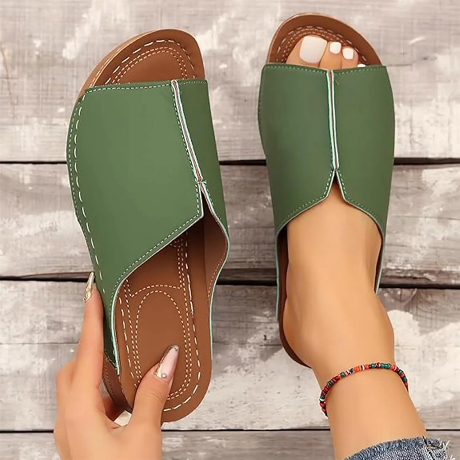 Beach Sandals Women Arch Support Flat Sandals Leather Platform Wedge Slide Slippers Walking Summer Shoes