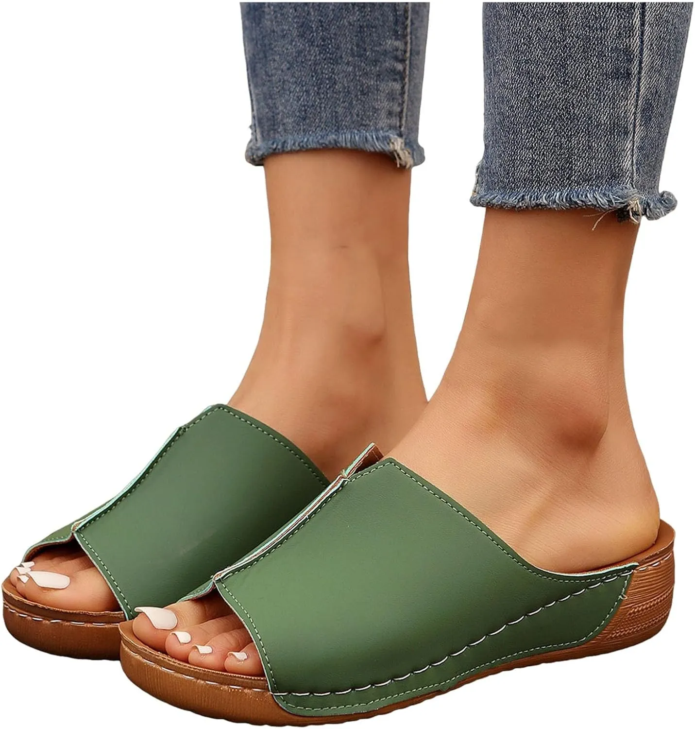 Beach Sandals Women Arch Support Flat Sandals Leather Platform Wedge Slide Slippers Walking Summer Shoes