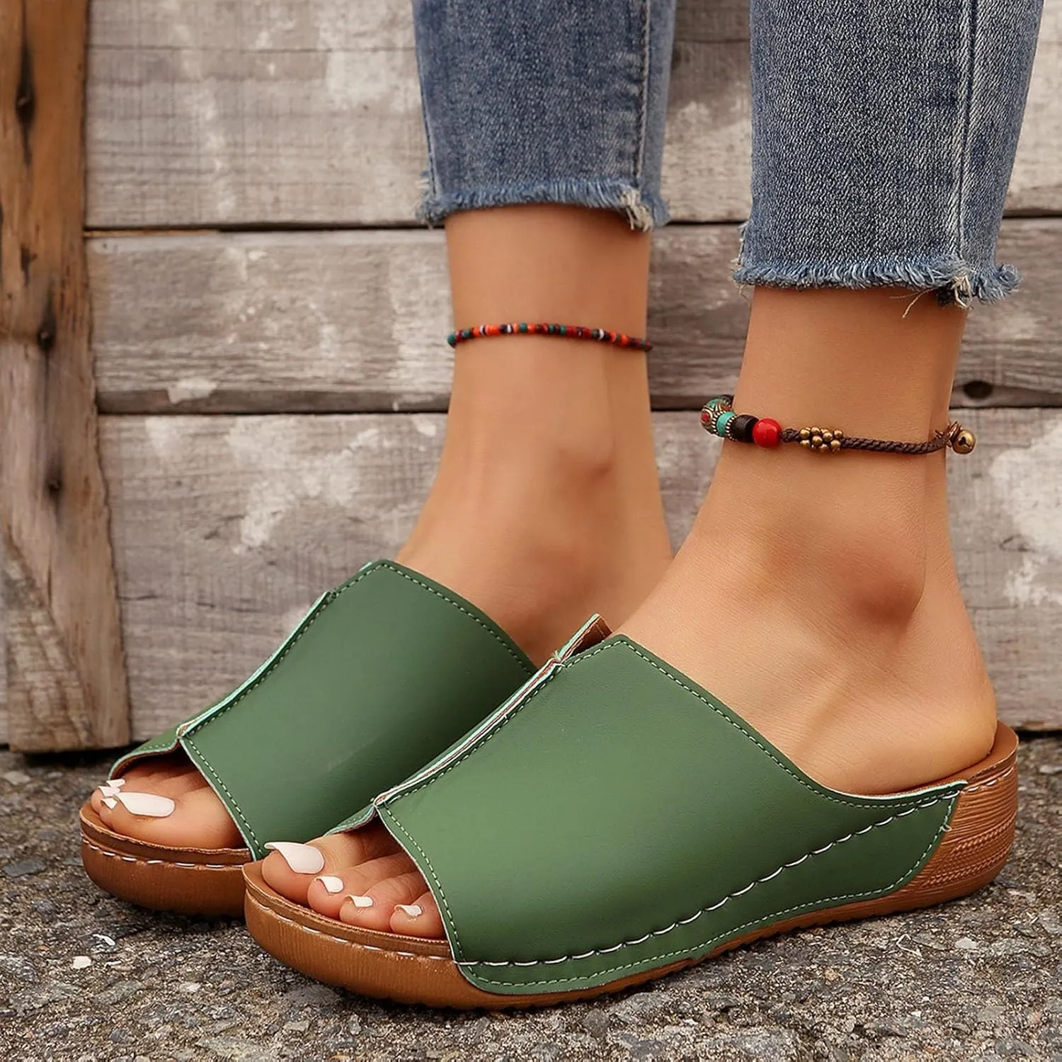 Beach Sandals Women Arch Support Flat Sandals Leather Platform Wedge Slide Slippers Walking Summer Shoes