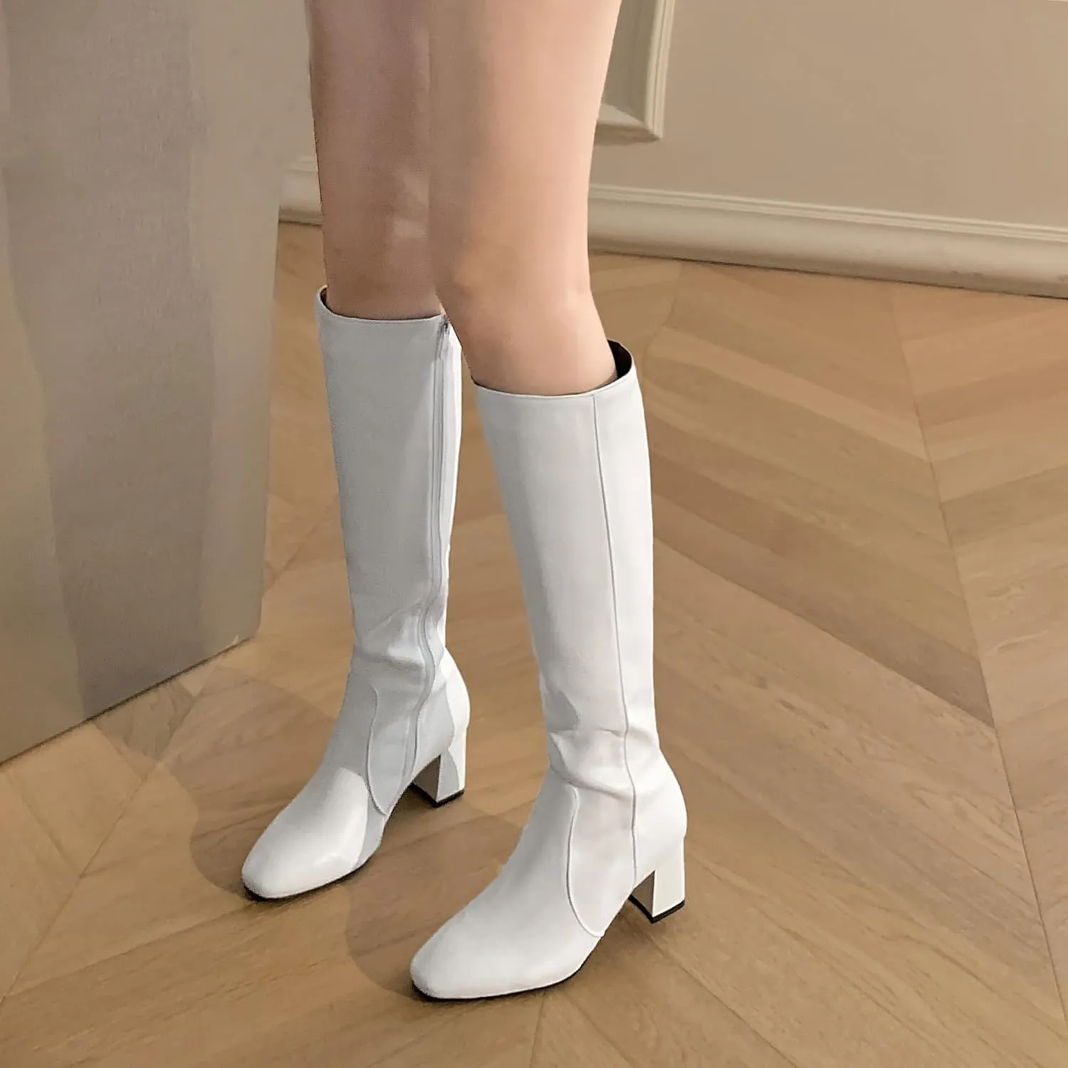 BEAUPAS Women's High Heel Knee High Boots Chunky Block Heels Zipper Shoes