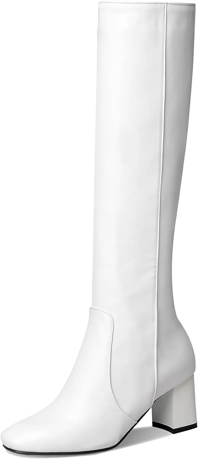 BEAUPAS Women's High Heel Knee High Boots Chunky Block Heels Zipper Shoes