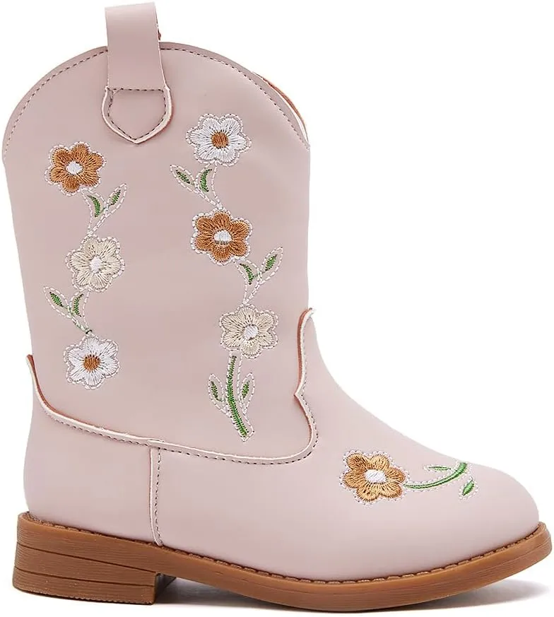 BMCiTYBM Toddler Girls Cowgirl Boots Little Kids Mid Calf Western Flower Cowboy Pointed Toe Riding Shoes All Season