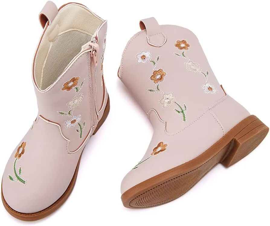 BMCiTYBM Toddler Girls Cowgirl Boots Little Kids Mid Calf Western Flower Cowboy Pointed Toe Riding Shoes All Season