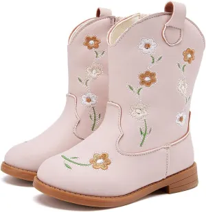 BMCiTYBM Toddler Girls Cowgirl Boots Little Kids Mid Calf Western Flower Cowboy Pointed Toe Riding Shoes All Season