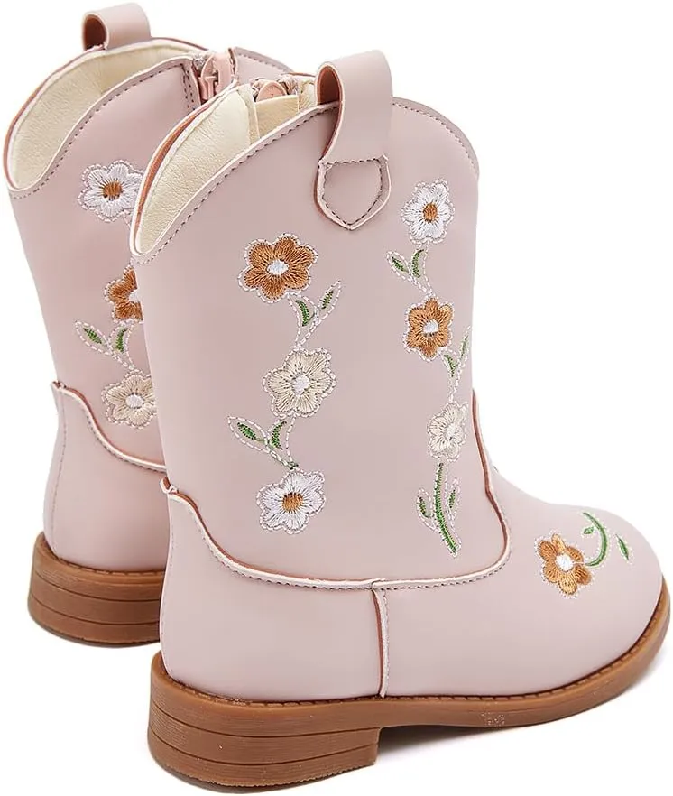 BMCiTYBM Toddler Girls Cowgirl Boots Little Kids Mid Calf Western Flower Cowboy Pointed Toe Riding Shoes All Season