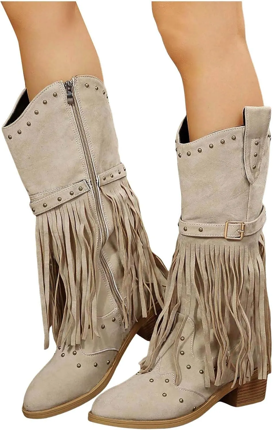 Boots for Women, Mid Calf Stacked Heel Retro Boots Square Toe Tassel Cowgirl Western Boots Fringe Cowboy Boots