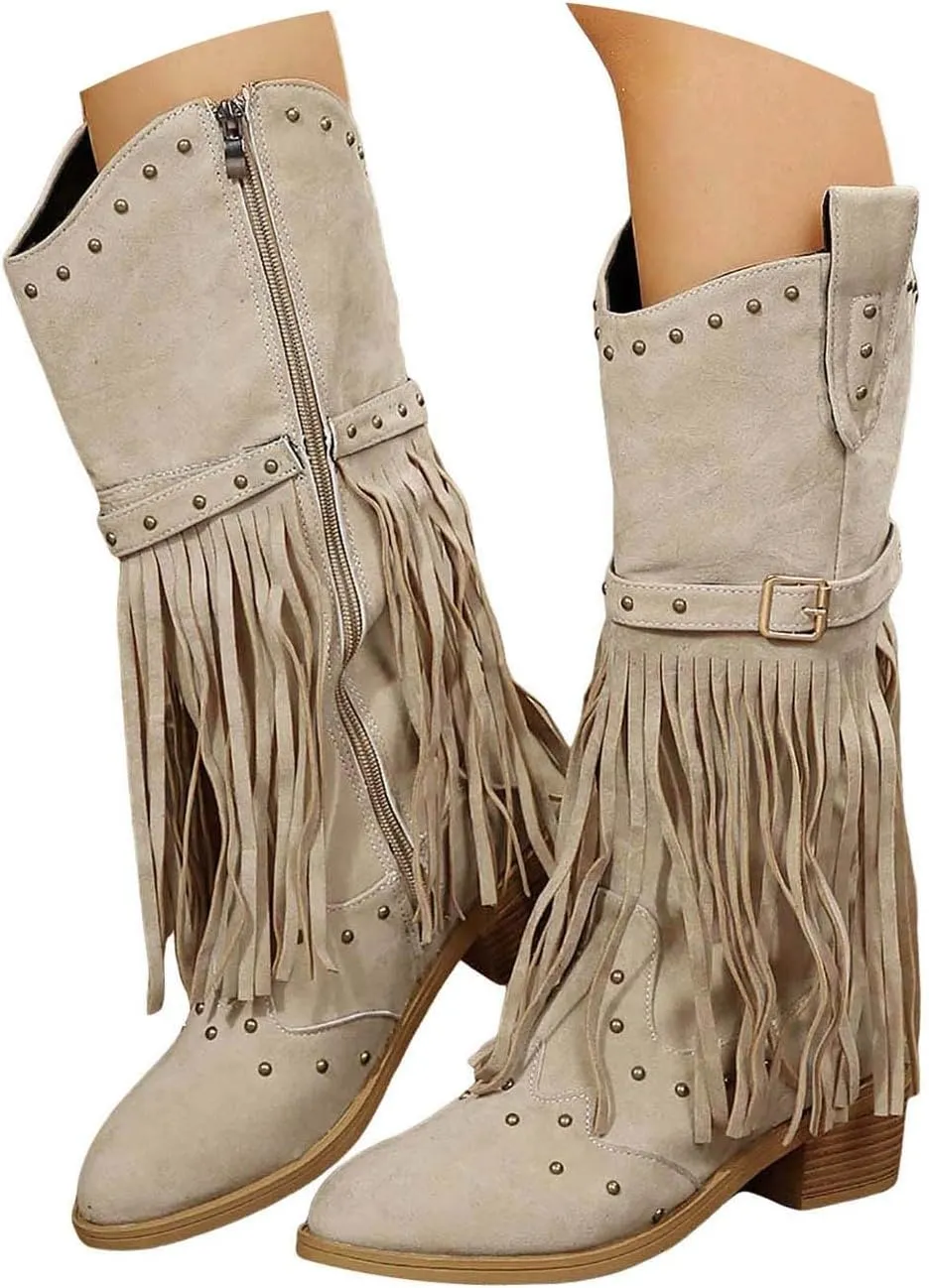 Boots for Women, Mid Calf Stacked Heel Retro Boots Square Toe Tassel Cowgirl Western Boots Fringe Cowboy Boots
