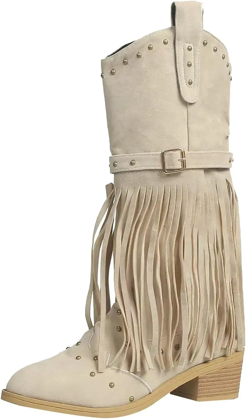 Boots for Women, Mid Calf Stacked Heel Retro Boots Square Toe Tassel Cowgirl Western Boots Fringe Cowboy Boots