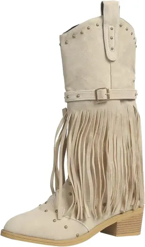 Boots for Women, Mid Calf Stacked Heel Retro Boots Square Toe Tassel Cowgirl Western Boots Fringe Cowboy Boots