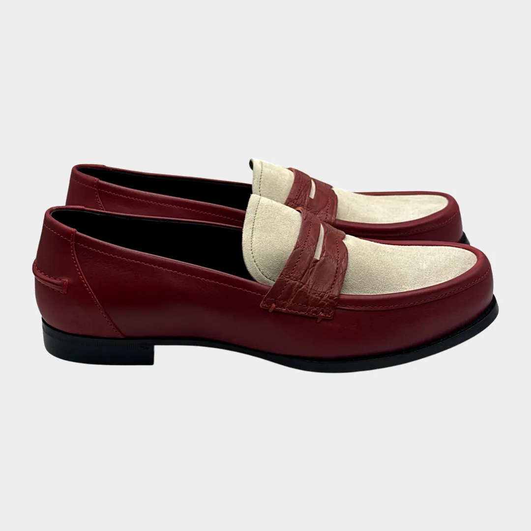 Bottega Veneta women's cream and burgundy leather and suede loafers