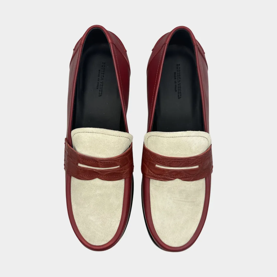 Bottega Veneta women's cream and burgundy leather and suede loafers