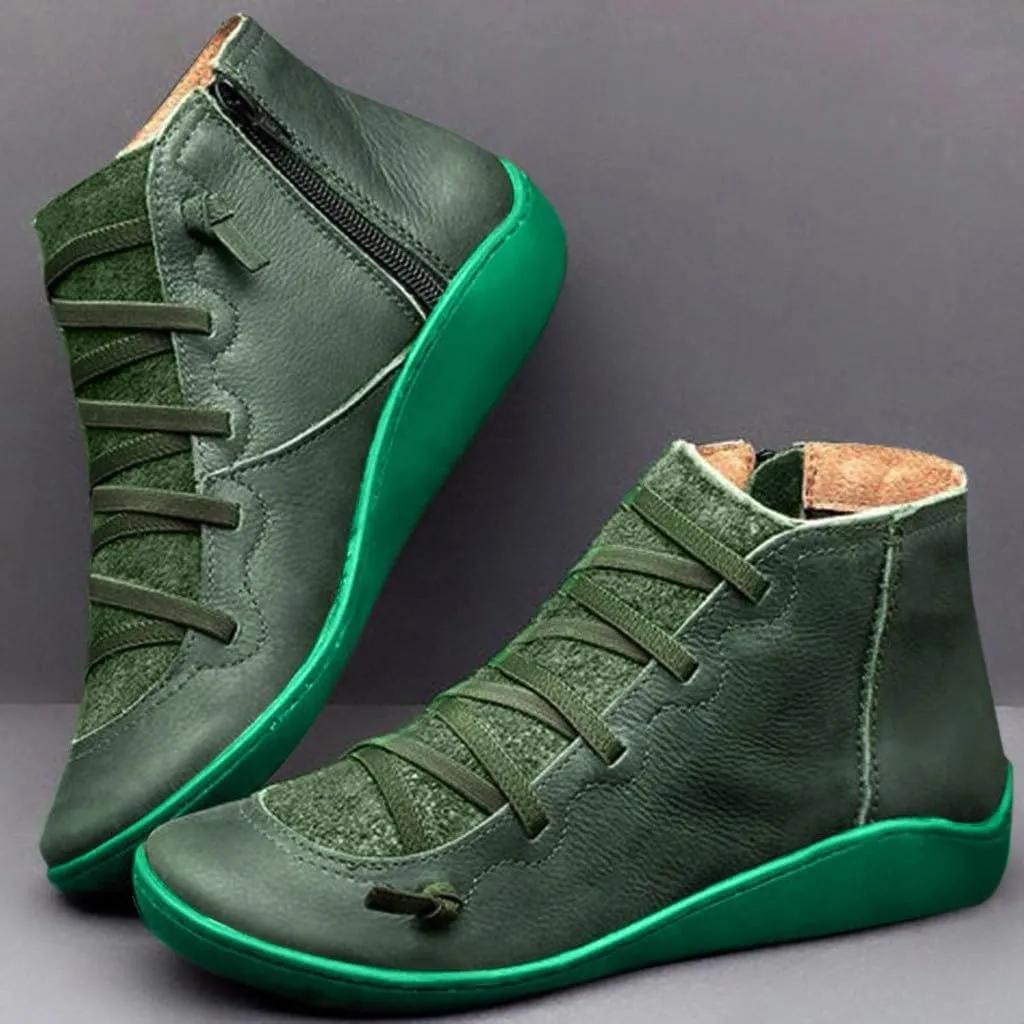 Cathalem Ankle Boots for Women Arch Support Fashion Lace up Side Zip Vintage Booties Flat Heel Leather Damping Shoes