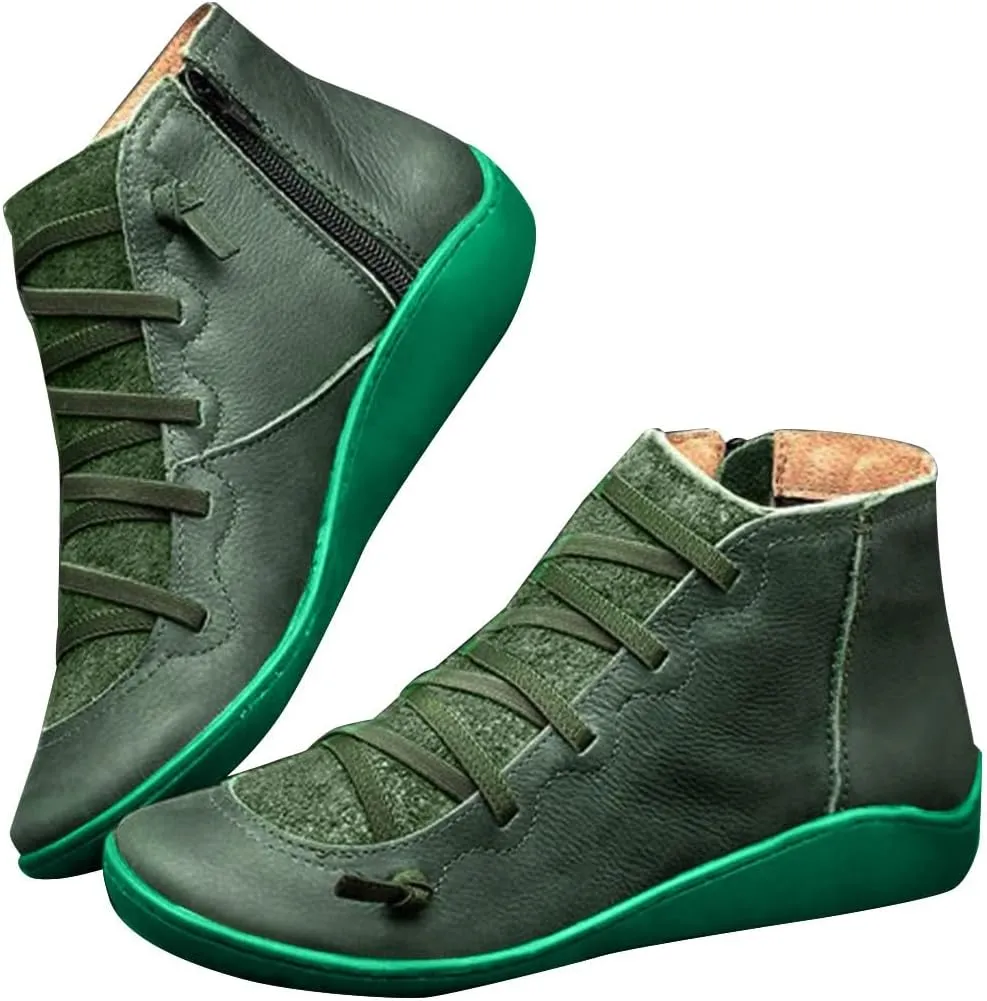 Cathalem Ankle Boots for Women Arch Support Fashion Lace up Side Zip Vintage Booties Flat Heel Leather Damping Shoes