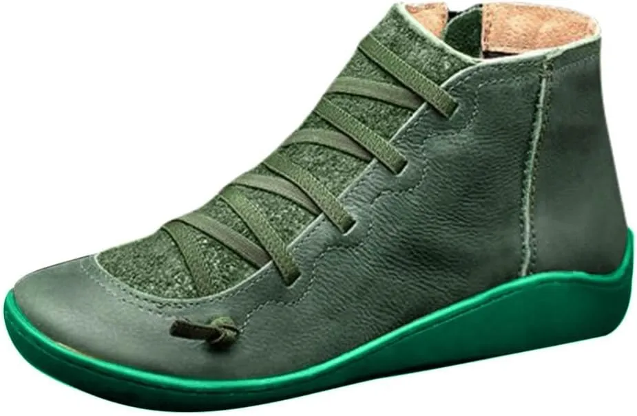 Cathalem Ankle Boots for Women Arch Support Fashion Lace up Side Zip Vintage Booties Flat Heel Leather Damping Shoes