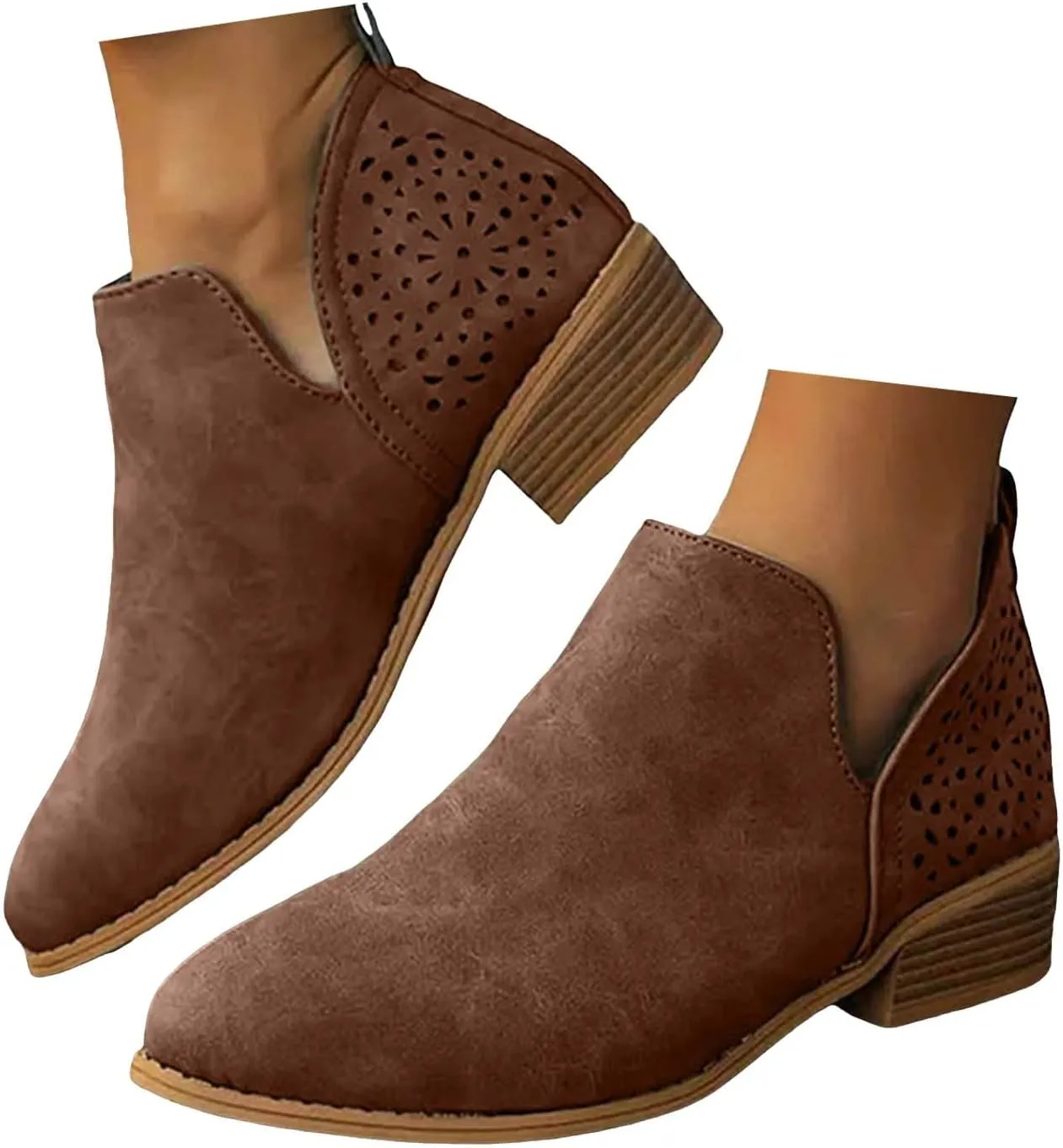 Cathalem Ankle Boots for Women Low Heel Women's Chelsea Ankle Boots Cutout Perforated Short Booties Slip on