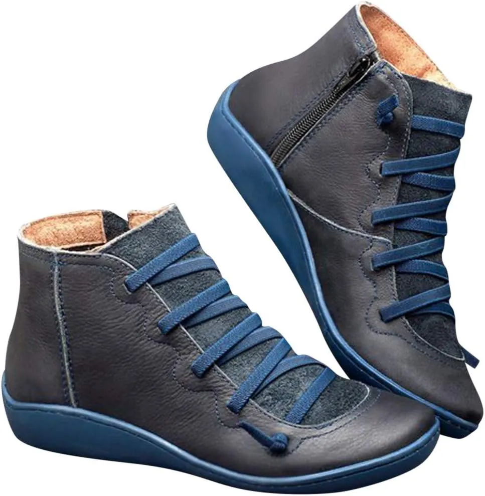 Cathalem Ankle Boots for Women Women's Arch Support Fashion Lace up Side Zip Vintage Booties Flat Heel Leather Damping Shoes