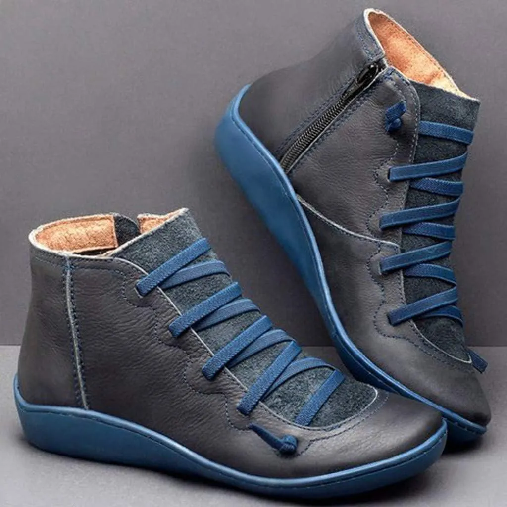 Cathalem Ankle Boots for Women Women's Arch Support Fashion Lace up Side Zip Vintage Booties Flat Heel Leather Damping Shoes