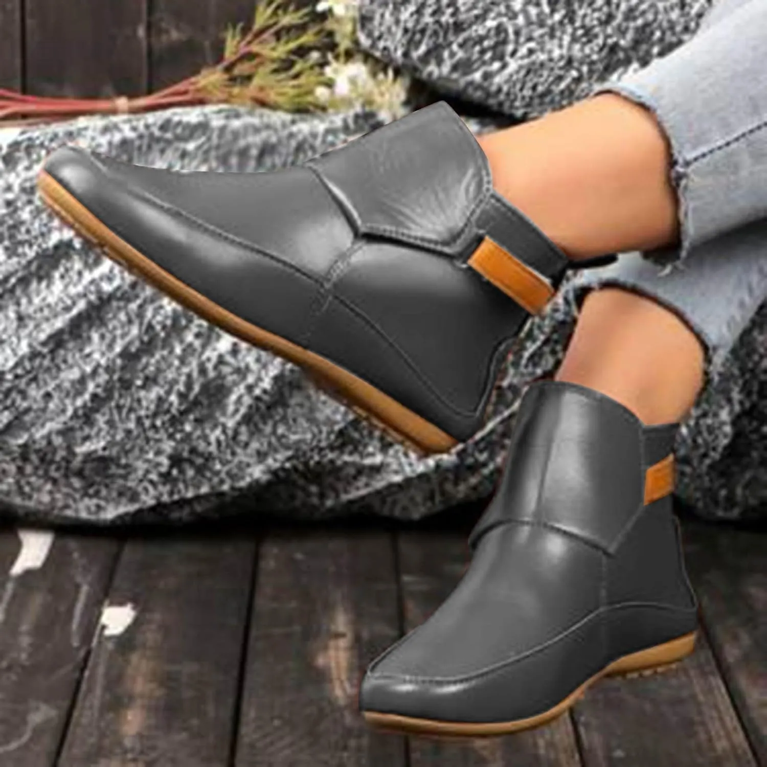 Cathalem Booties for Women 2024,Arch Support Booties Side Zip-up Vintage Leather Damping Shoes Flat Heel Booties