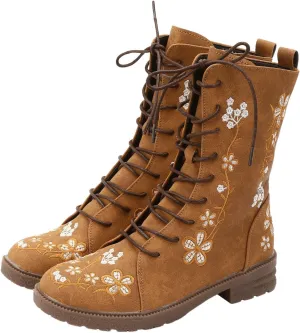 Cathalem Combat Boots For Women Ethnic Vintage Flower Design Lace Up Leather Chunky Block Mid Heels Ankle Booties