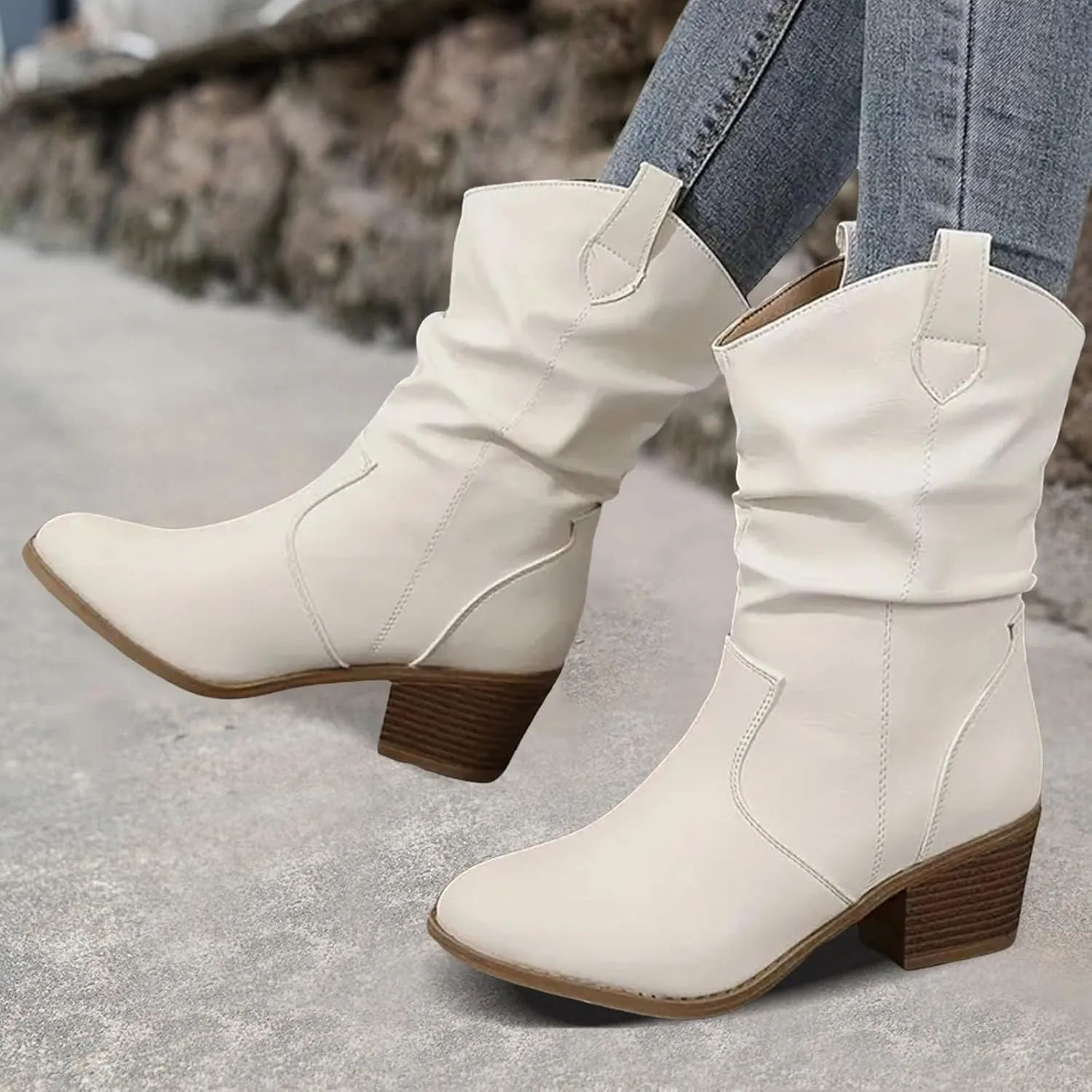 Cathalem Cowboy Boots for Women, Cowboy Cowgirl Western Ankle Boots Low Chunky Heels Square Toe Fall Short Booties Shoes