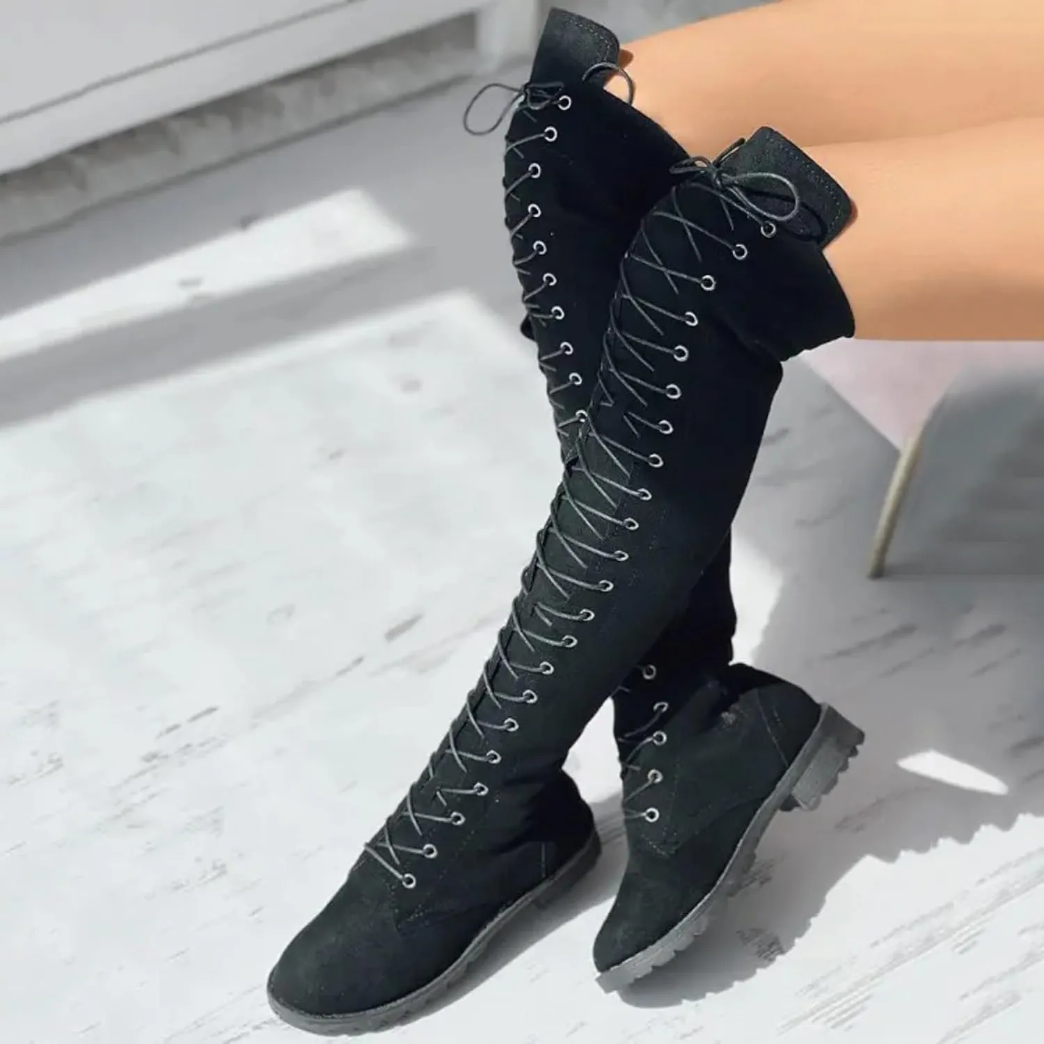 Cathalem Over the Knee Boots for Women Platform Thigh High Boots Chunky Heel Knee High Boots Round Toe Stretch Boots