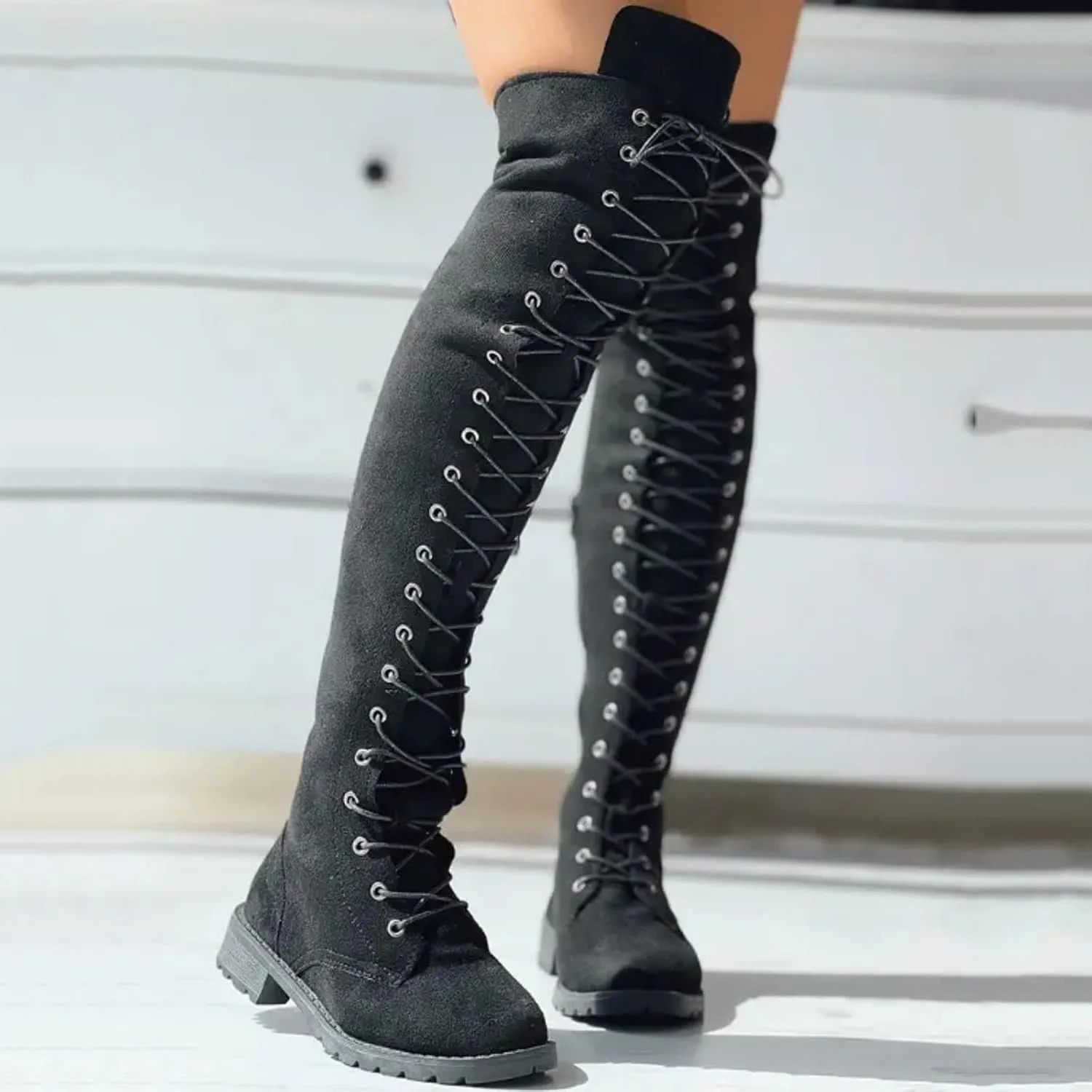 Cathalem Over the Knee Boots for Women Platform Thigh High Boots Chunky Heel Knee High Boots Round Toe Stretch Boots