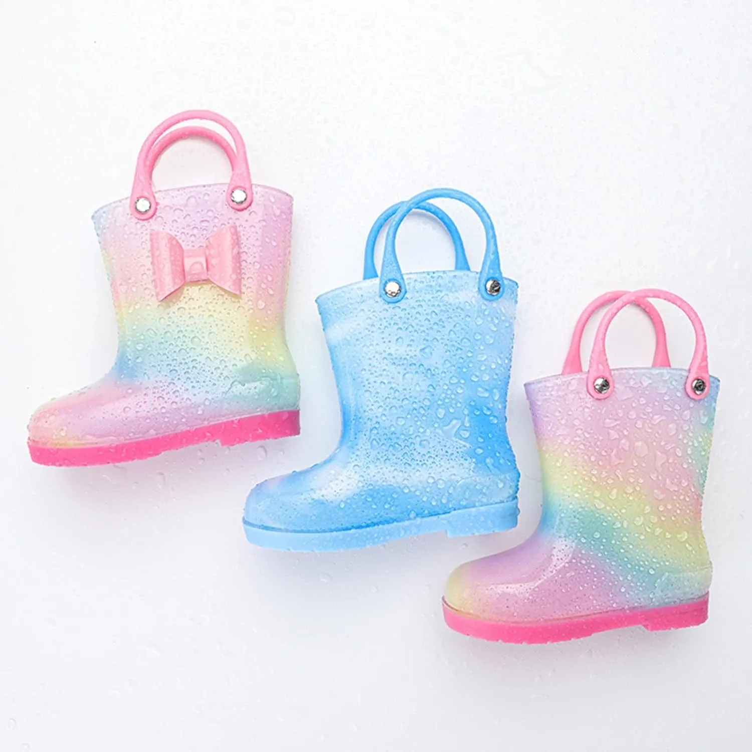 Children Rain Boots Colourful Bowknot Waterproof Kids Rain Boots Boys Girls Infant Rubber Rainboots with Handle