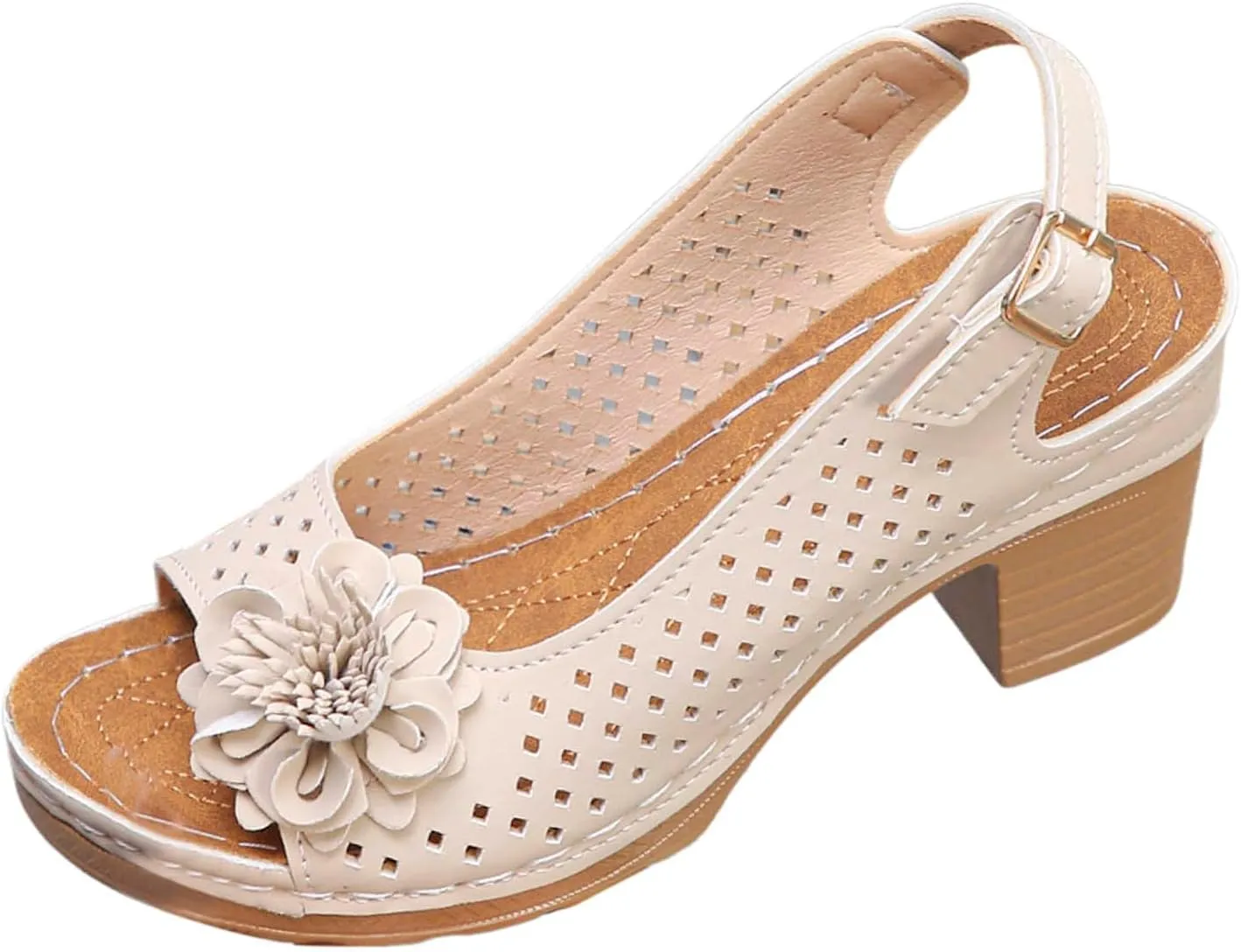 Chunky Heel Sandals for Women Comfortable Hollow Out Slip-On Sandals Open Toe Ankle Strap Chunky High Heels Lightweight Peep Flowers Sandal Beach Shoes