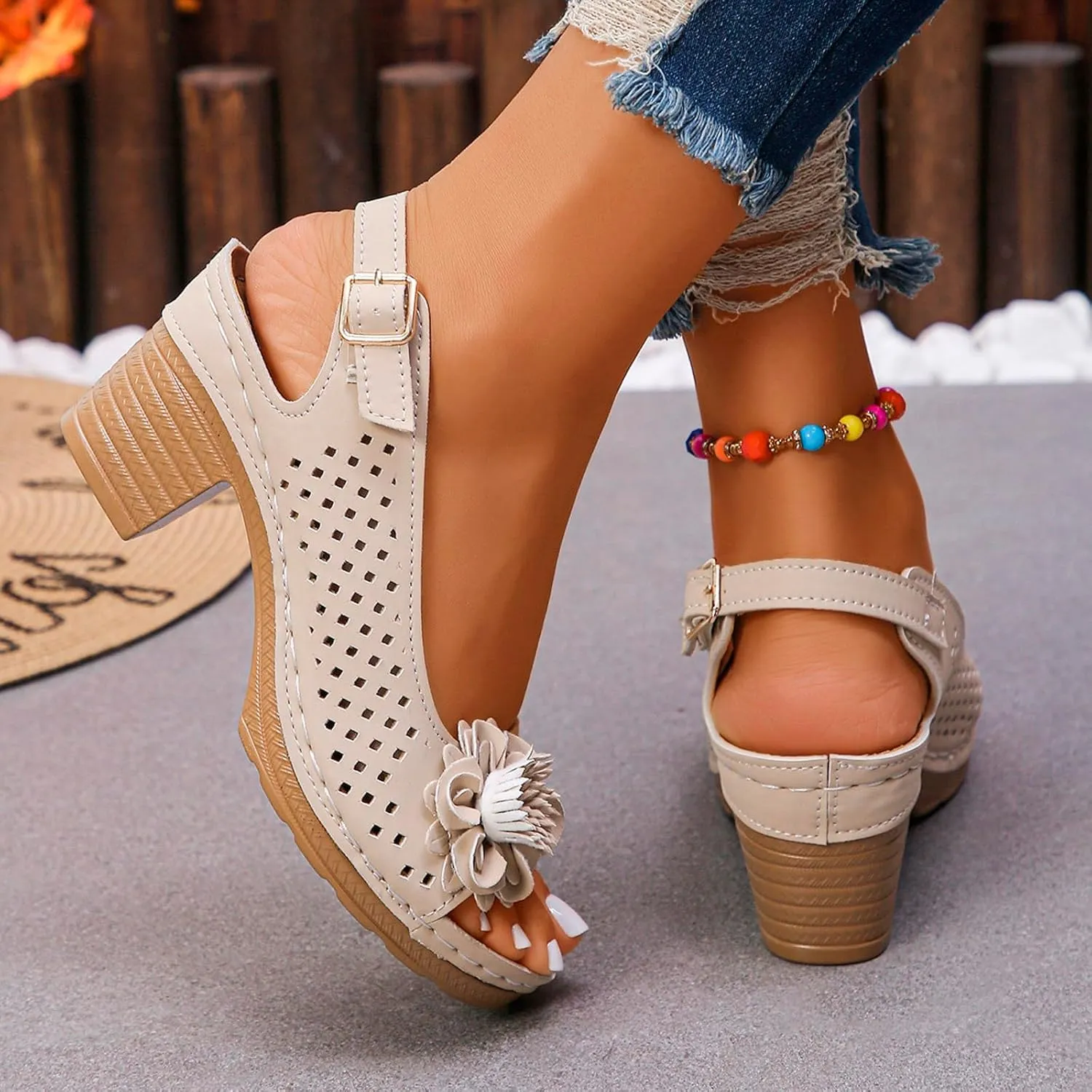 Chunky Heel Sandals for Women Comfortable Hollow Out Slip-On Sandals Open Toe Ankle Strap Chunky High Heels Lightweight Peep Flowers Sandal Beach Shoes