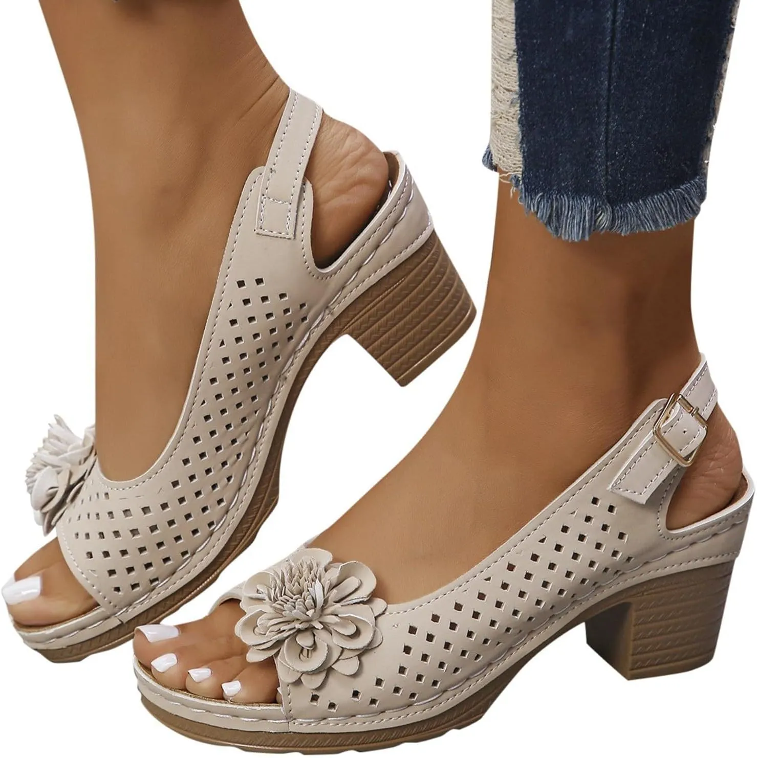 Chunky Heel Sandals for Women Comfortable Hollow Out Slip-On Sandals Open Toe Ankle Strap Chunky High Heels Lightweight Peep Flowers Sandal Beach Shoes