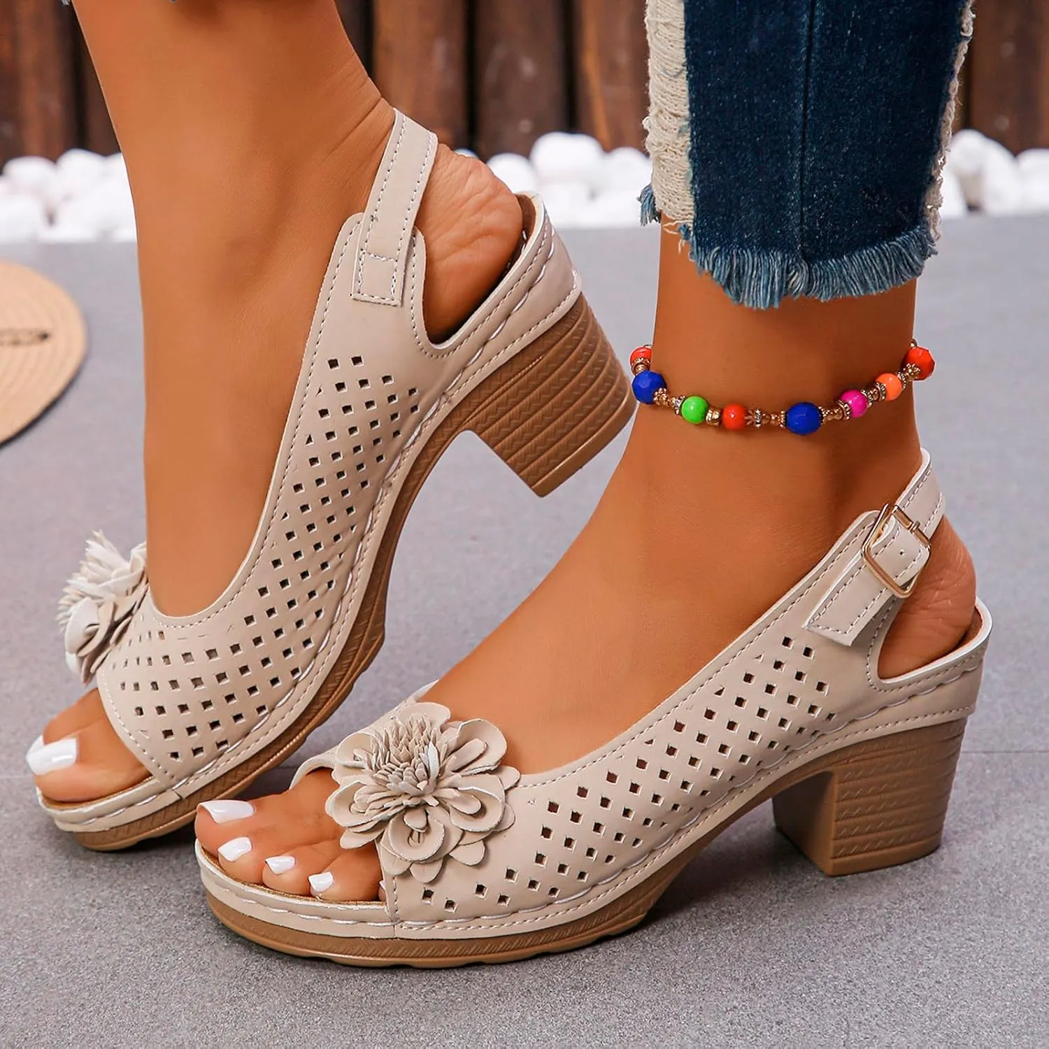 Chunky Heel Sandals for Women Comfortable Hollow Out Slip-On Sandals Open Toe Ankle Strap Chunky High Heels Lightweight Peep Flowers Sandal Beach Shoes