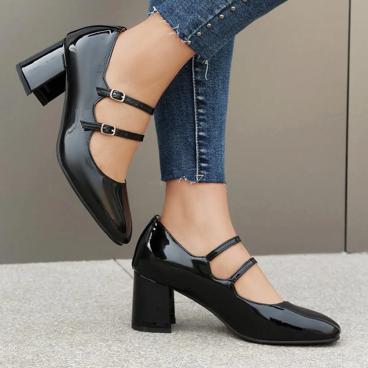 Chunky High Heels Closed Round Toe Mary Jane Pumps