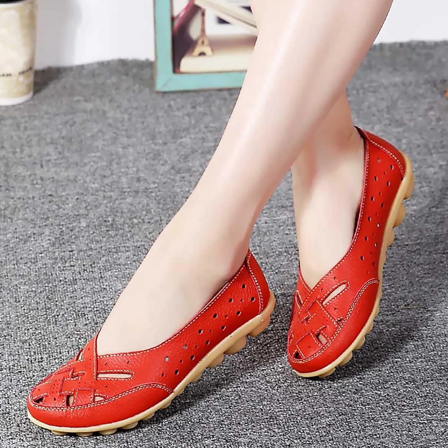 Close Toe Sandals for Women Orthopedic Loafers Breathable Leather Comfortable Hollow Soft Flats Summer Casual Slip-On Shoes