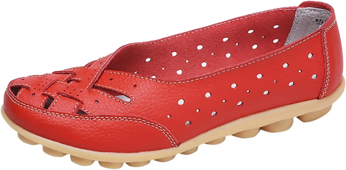 Close Toe Sandals for Women Orthopedic Loafers Breathable Leather Comfortable Hollow Soft Flats Summer Casual Slip-On Shoes