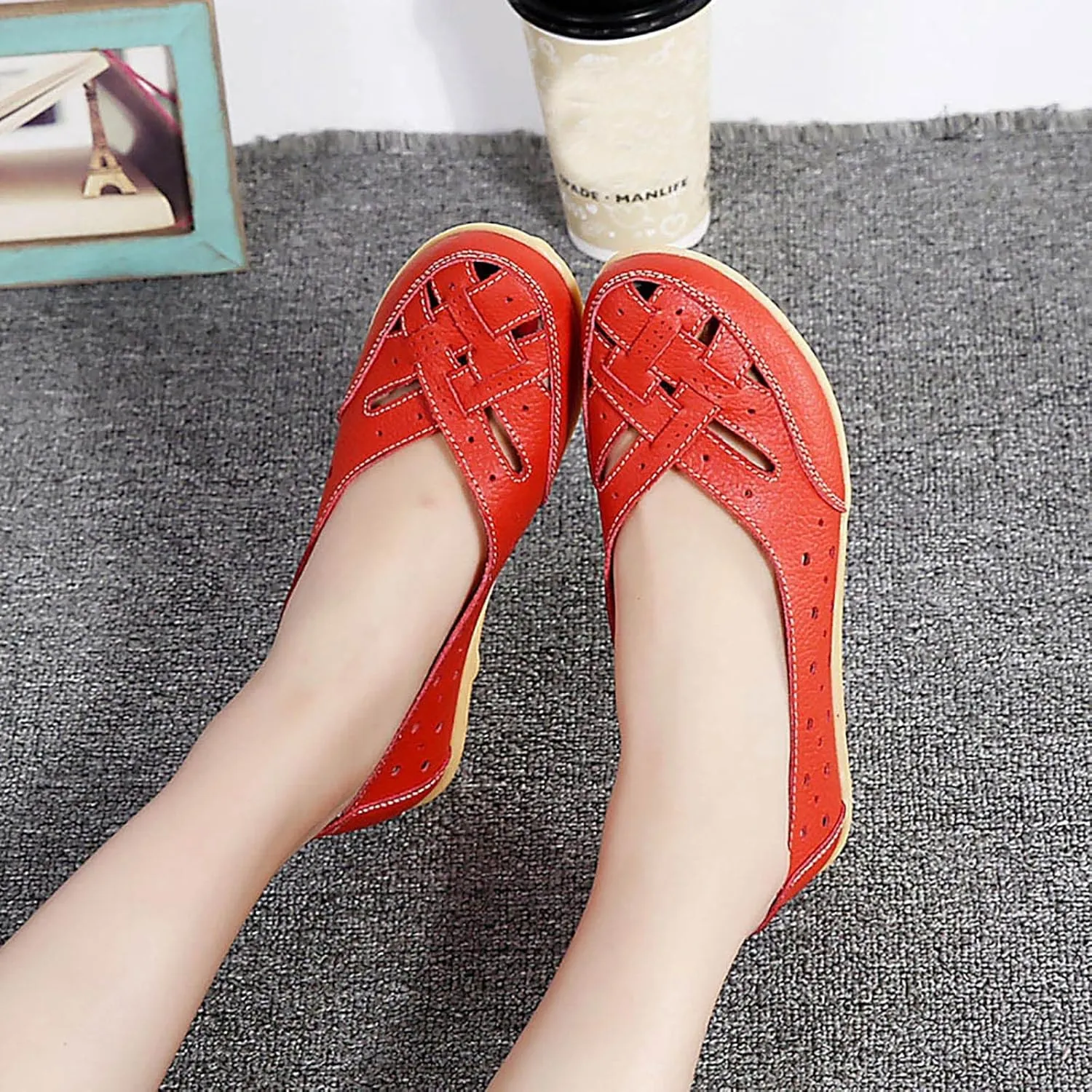 Close Toe Sandals for Women Orthopedic Loafers Breathable Leather Comfortable Hollow Soft Flats Summer Casual Slip-On Shoes
