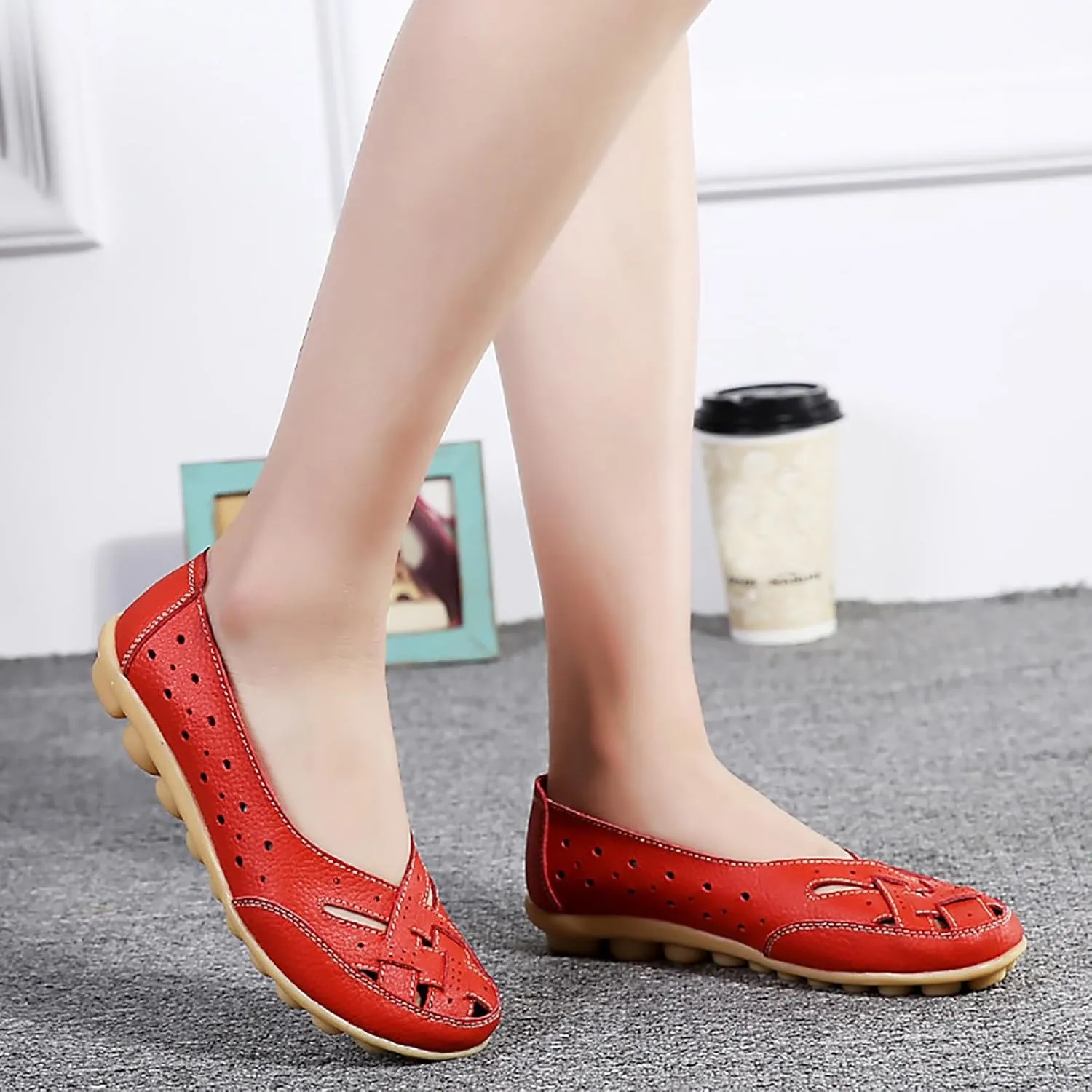 Close Toe Sandals for Women Orthopedic Loafers Breathable Leather Comfortable Hollow Soft Flats Summer Casual Slip-On Shoes