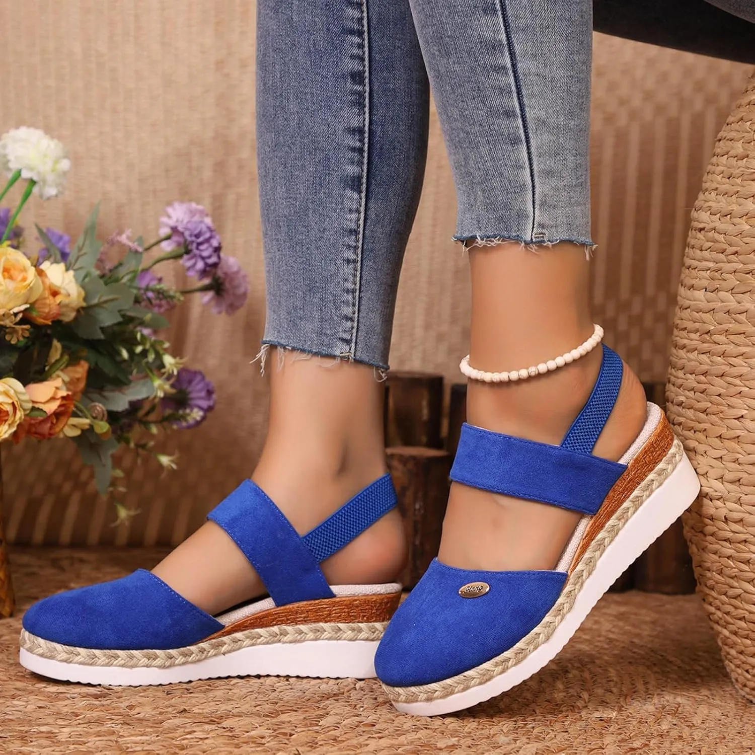 Closed Toe Sandals Women Fashion Woven Espadrilles Shoes Comfortable Platform Wedge Sandals Adjustable Buckle Ankle Strap Shoes Anti Slip Summer Footwear